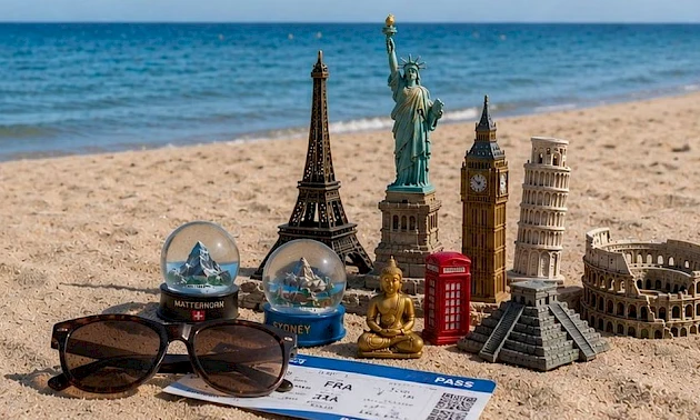Verschiedene Reise-Souvenirs wie Miniaturen internationaler Sehenswürdigkeiten, Schneekugeln, Sonnenbrille und Flugticket liegen an einem Sandstrand vor dem Meer. Das Bild wurde von der Kölnischen Rundschau mithilfe Künstlicher Intelligenz erstellt.