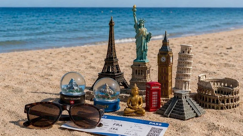 Verschiedene Reise-Souvenirs wie Miniaturen internationaler Sehenswürdigkeiten, Schneekugeln, Sonnenbrille und Flugticket liegen an einem Sandstrand vor dem Meer. Das Bild wurde von der Kölnischen Rundschau mithilfe Künstlicher Intelligenz erstellt.